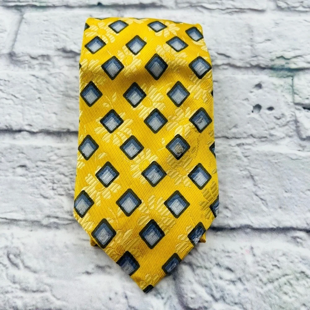 Ermenegildo Zegna Silk Necktie Yellow Blue Diamond Pattern Mens Luxury Business